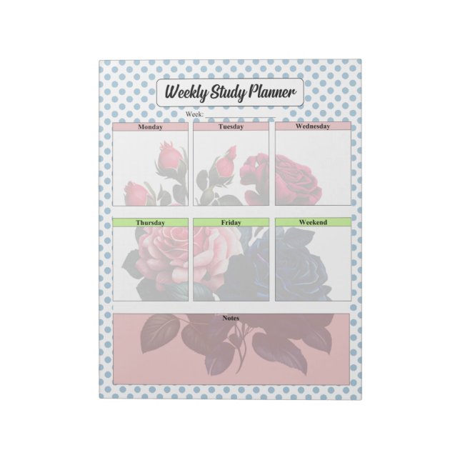 Pink and Blue Roses Weekly Study Planner Notepad (Rotated)