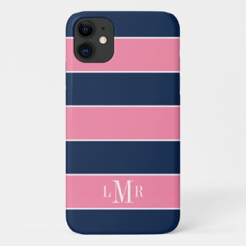 Pink And Blue Rugby Stripes 3 Letter Monogram Iphone 11 Case by heartlockedcases at Zazzle