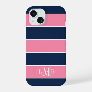 Pink and Blue Rugby Stripes 3 Letter Monogram iPhone 15 Case