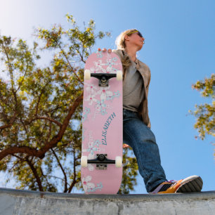Pink and blue sakura japanese cherry blossom skateboard