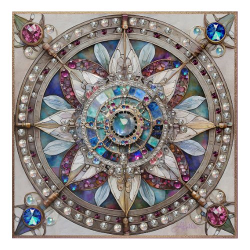 Pink and Blue Sapphires Diamonds Pearls Mandala Acrylic Print