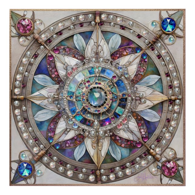 Pink and Blue Sapphires Diamonds Pearls Mandala Acrylic Print (Front)