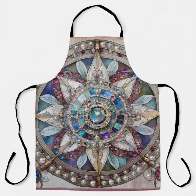 Pink and Blue Sapphires Diamonds Pearls Mandala Apron (Front)