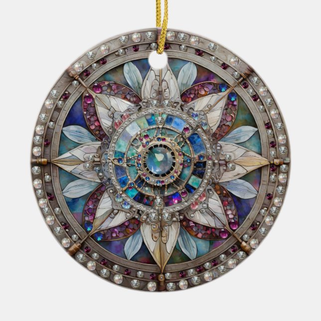 Pink and Blue Sapphires Diamonds Pearls Mandala Ceramic Ornament (Front)