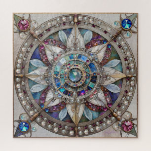 Pink and Blue Sapphires Diamonds Pearls Mandala Jigsaw Puzzle