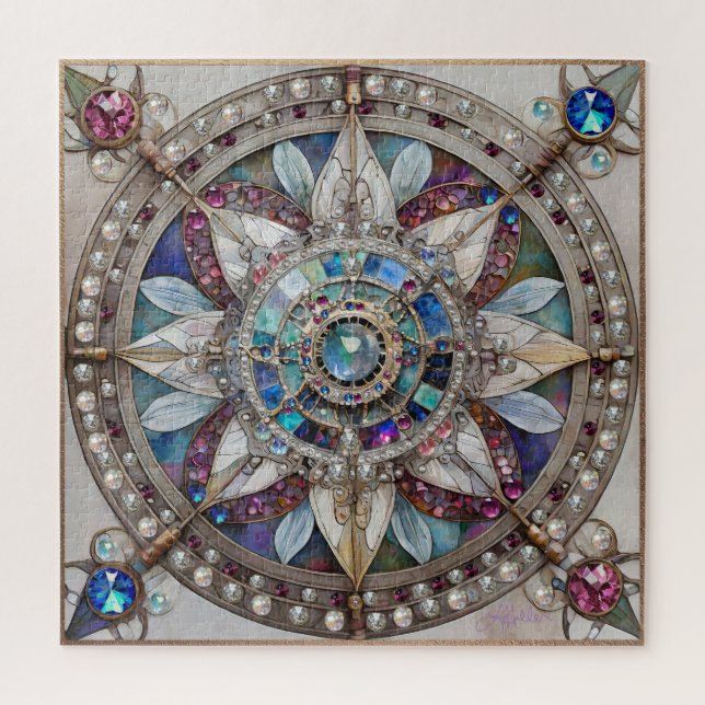 Pink and Blue Sapphires Diamonds Pearls Mandala Jigsaw Puzzle (Vertical)