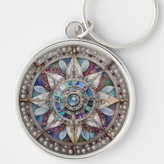 Pink and Blue Sapphires Diamonds Pearls Mandala Keychain (Front)
