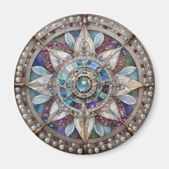 Pink and Blue Sapphires Diamonds Pearls Mandala Magnet (Front)
