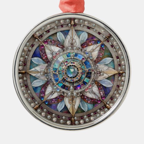 Pink and Blue Sapphires Diamonds Pearls Mandala Metal Ornament