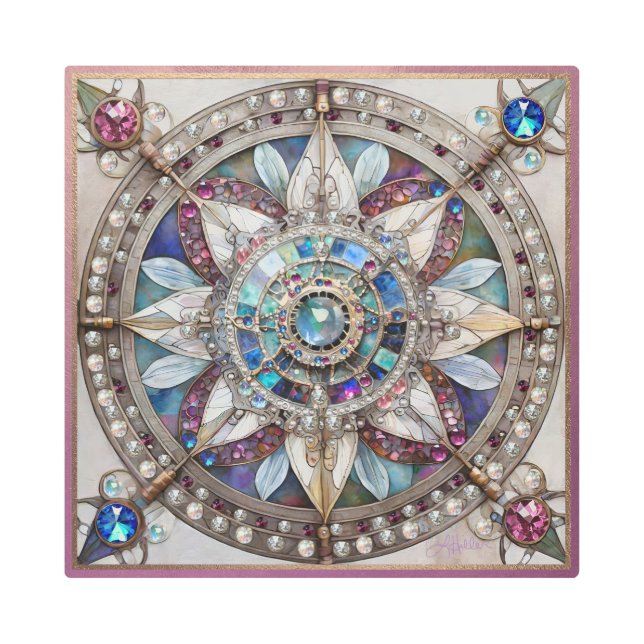 Pink and Blue Sapphires Diamonds Pearls Mandala Metal Print (Front)