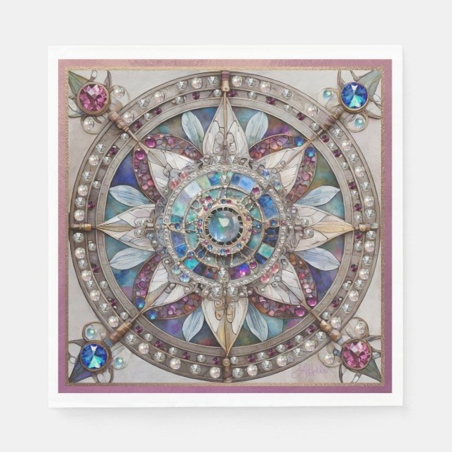 Pink and Blue Sapphires Diamonds Pearls Mandala Napkins (Front)