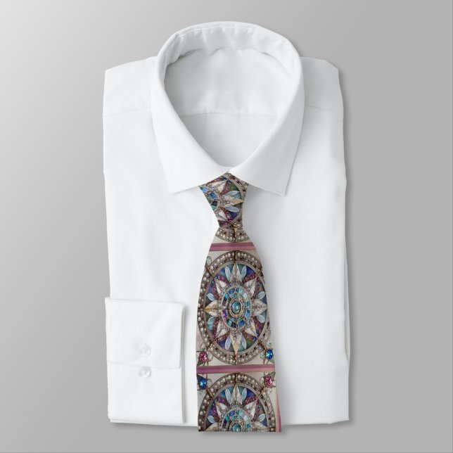 Pink and Blue Sapphires Diamonds Pearls Mandala Neck Tie (Tied)