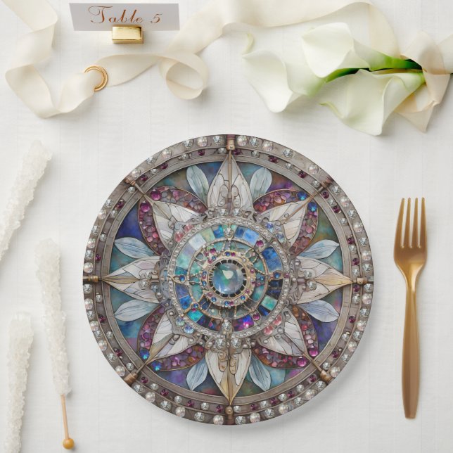 Pink and Blue Sapphires Diamonds Pearls Mandala Paper Plates (Wedding)