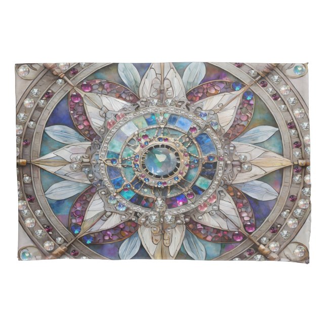 Pink and Blue Sapphires Diamonds Pearls Mandala Pillow Case (Front)