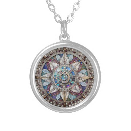 Pink and Blue Sapphires Diamonds Pearls Mandala Silver Plated Necklace