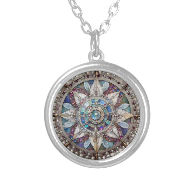 Pink and Blue Sapphires Diamonds Pearls Mandala Silver Plated Necklace (Front)