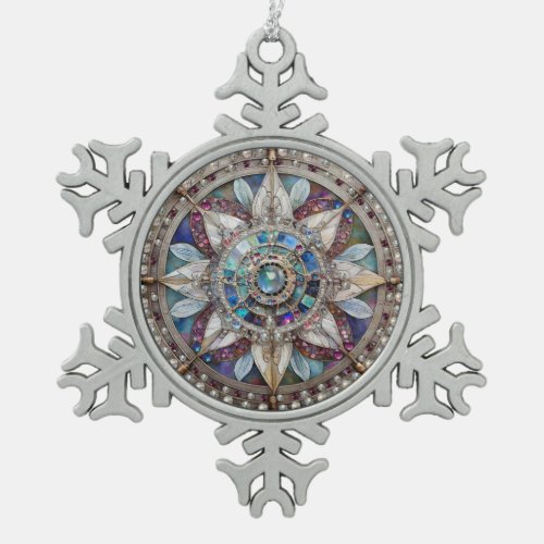 Pink and Blue Sapphires Diamonds Pearls Mandala Snowflake Pewter Christmas Ornament