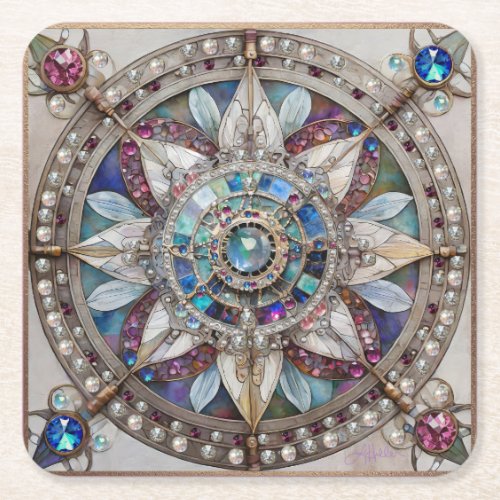 Pink and Blue Sapphires Diamonds Pearls Mandala Square Paper Coaster