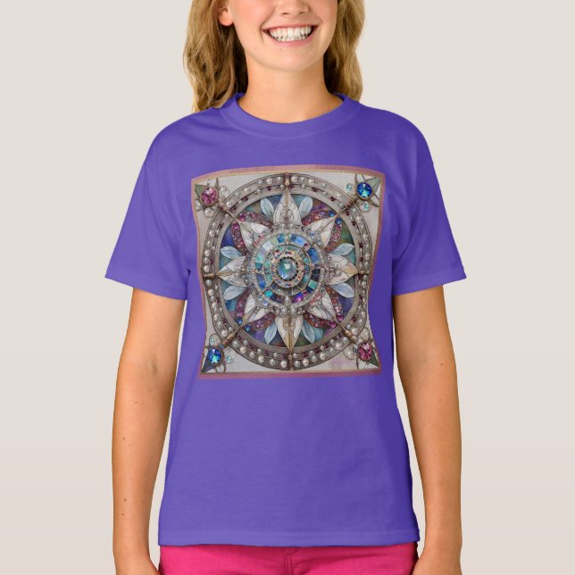 Pink and Blue Sapphires Diamonds Pearls Mandala T-Shirt (Front)