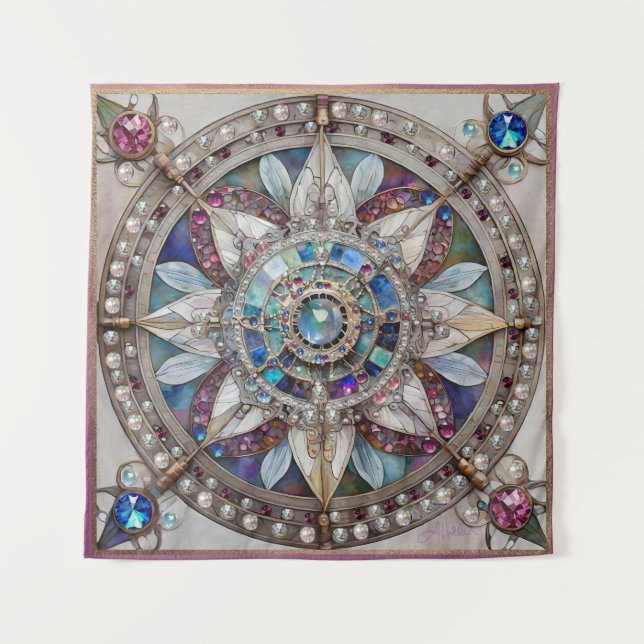 Pink and Blue Sapphires Diamonds Pearls Mandala Tapestry (Front)
