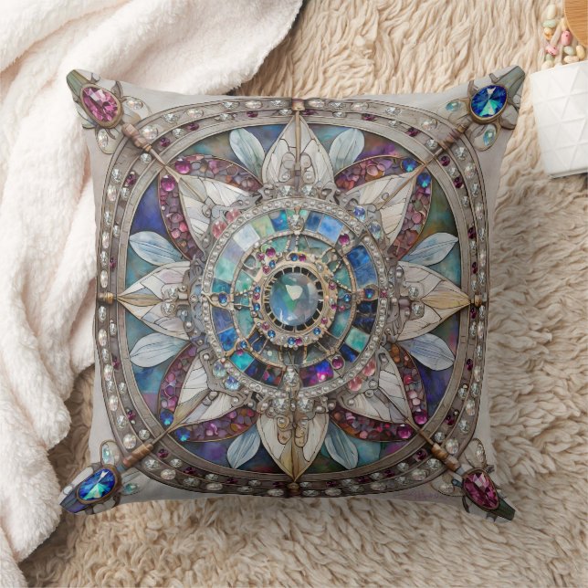 Pink and Blue Sapphires Diamonds Pearls Mandala Throw Pillow (Blanket)