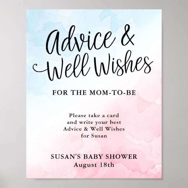 Pink and Blue Script Baby Shower Advice & Wishes Poster (Front)