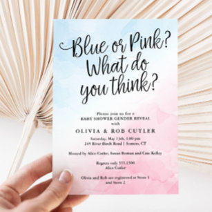 Pink and Blue Script Gender Reveal Baby Shower Invitation