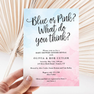 Pink and Blue Script Gender Reveal Baby Shower Invitation