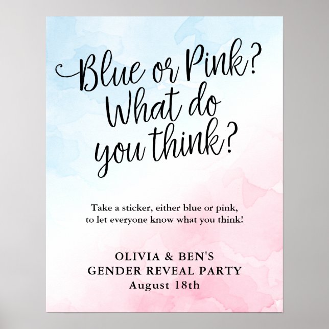 Pink and Blue Script Gender Reveal Display Poster (Front)