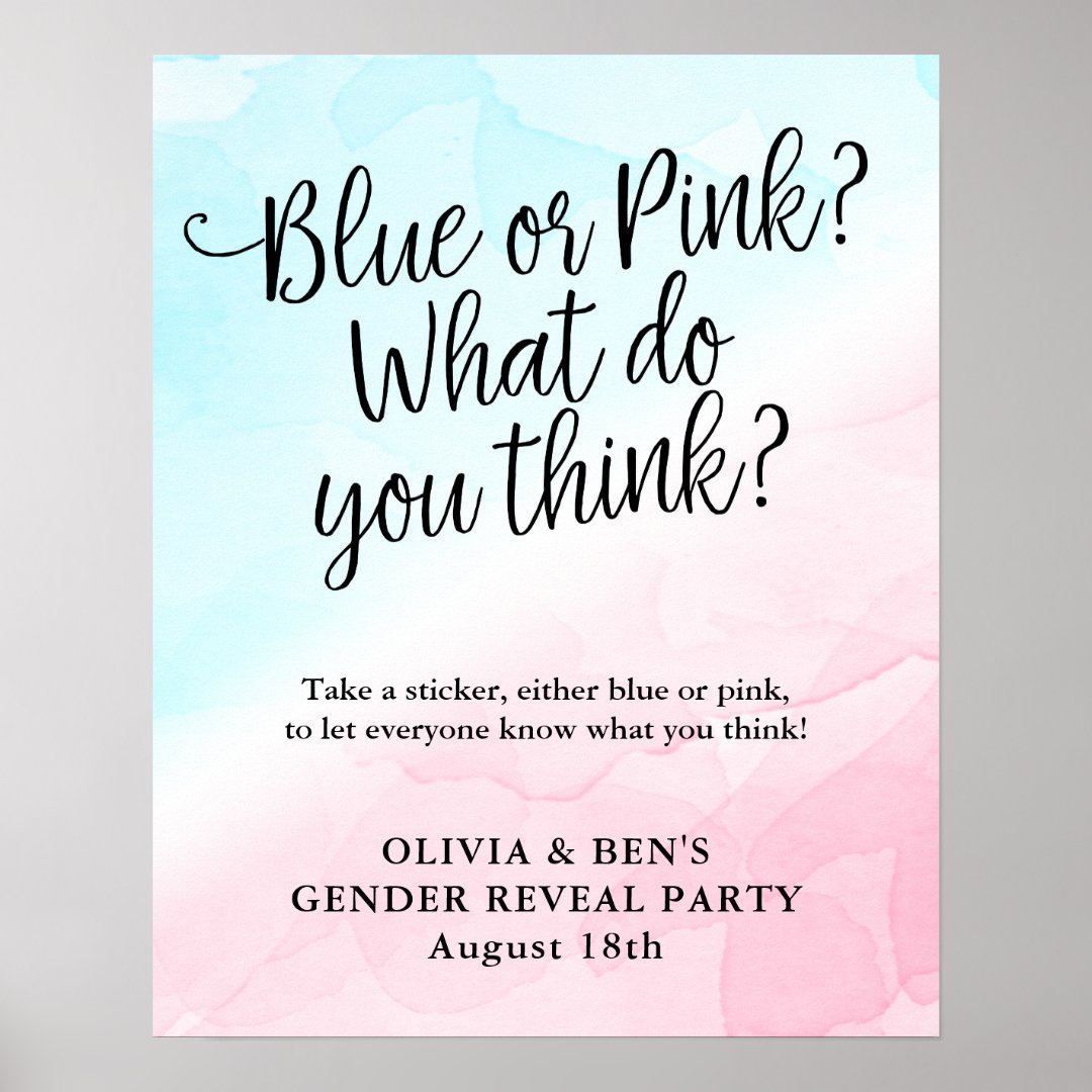 Pink and Blue Script Gender Reveal Display Poster | Zazzle