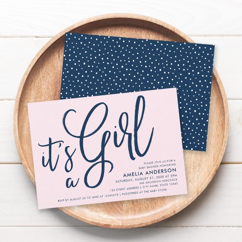 Pink and Blue Script Its a Girl Baby Shower Invitation