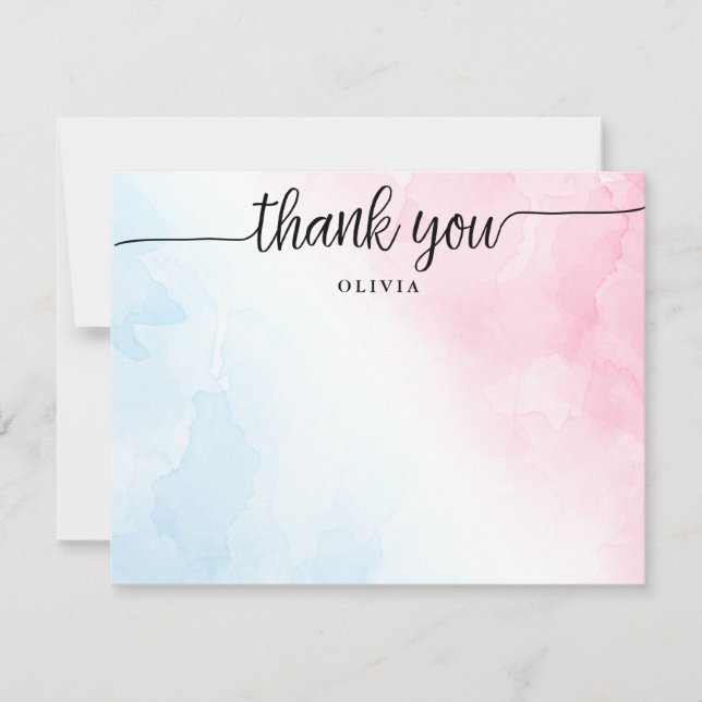 Pink and Blue Script Thank You Flat Note Card (Front)