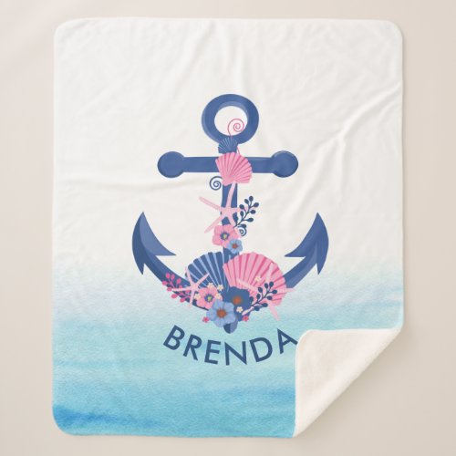 Pink and blue seashells nautical boat anchor sherpa blanket