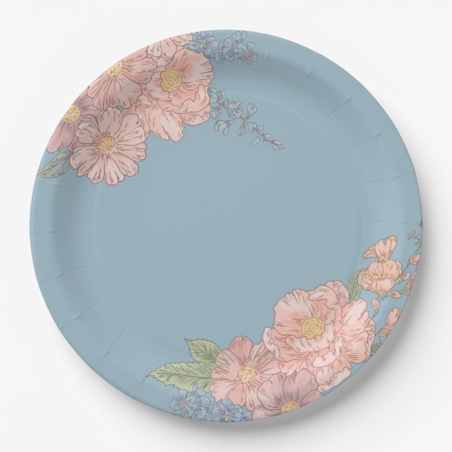 Pink and blue shabby chic florals paper plates (Front)