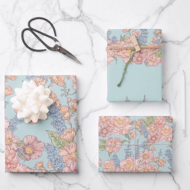 Pink and blue shabby chic florals wrapping paper sheets (Front)