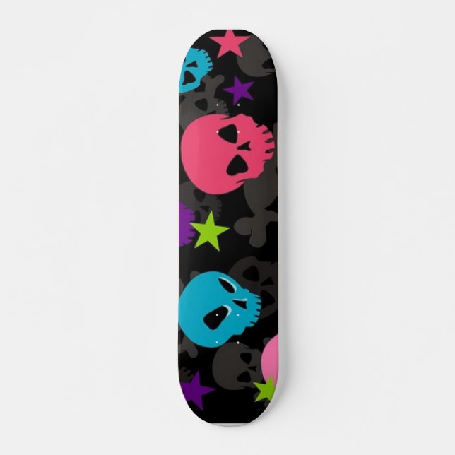 pink and blue skull skateboard deck (Front)