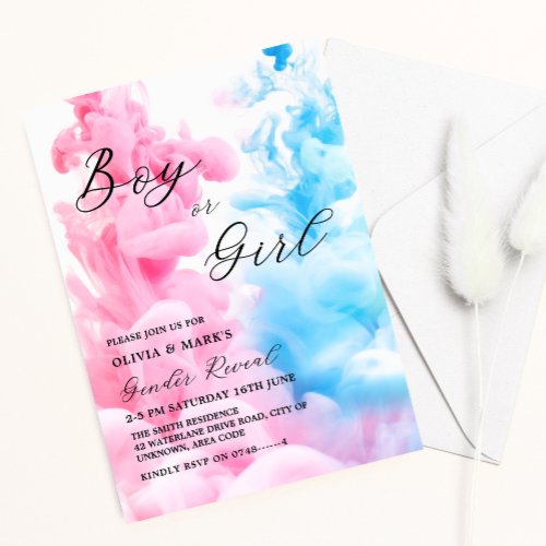 Pink and Blue Smoke Baby Gender Reveal Party Invitation