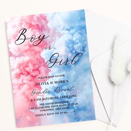Pink and Blue Smoke Boy or Girl Gender Reveal Invitation
