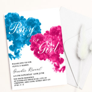 Pink and Blue Smoke Hearts Baby Gender Reveal Invitation