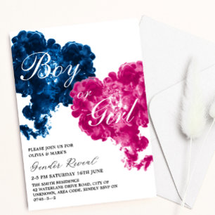 Pink and Blue Smoke Hearts Baby Gender Reveal Invitation