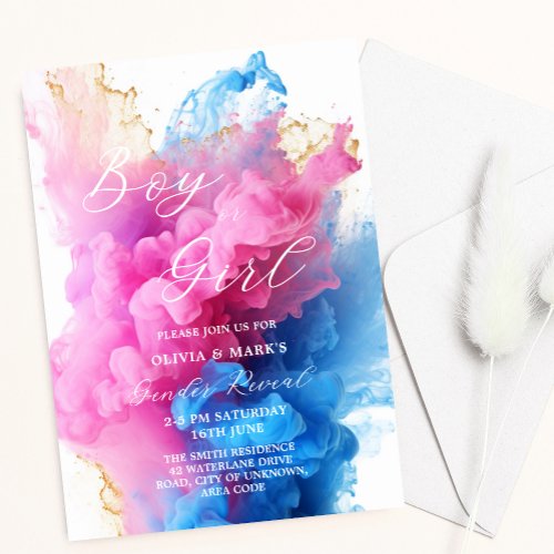 Pink and Blue Smoke Themed Baby Gender Reveal Invitation