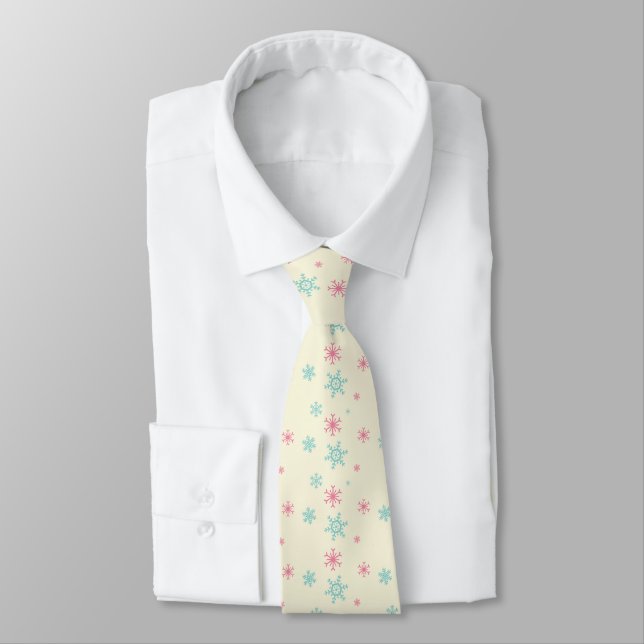 Pink And Blue Snowflake Pattern Christmas Wintery Neck Tie (Tied)