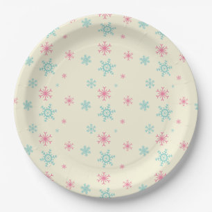 Pink And Blue Snowflake Pattern Christmas Wintery Paper Plates