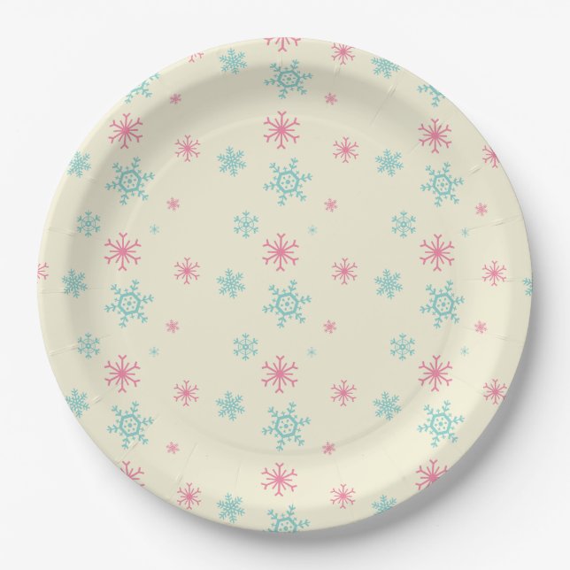 Pink And Blue Snowflake Pattern Christmas Wintery Paper Plates (Front)