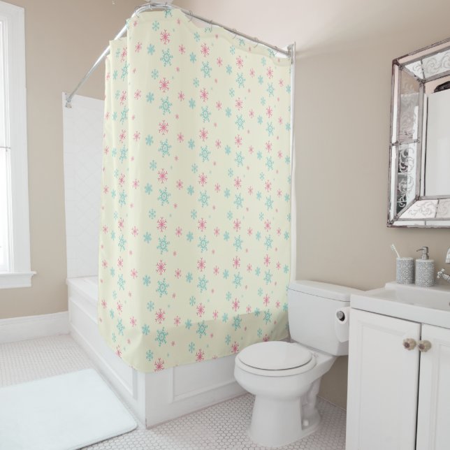 Pink And Blue Snowflake Pattern Christmas Wintery Shower Curtain (In Situ)