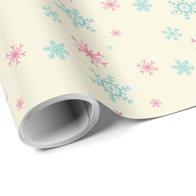 Pink And Blue Snowflake Pattern Christmas Wintery Wrapping Paper (Roll Corner)
