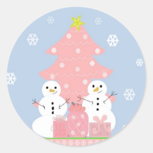 Pink and Blue Snowman Scene Classic Round Sticker