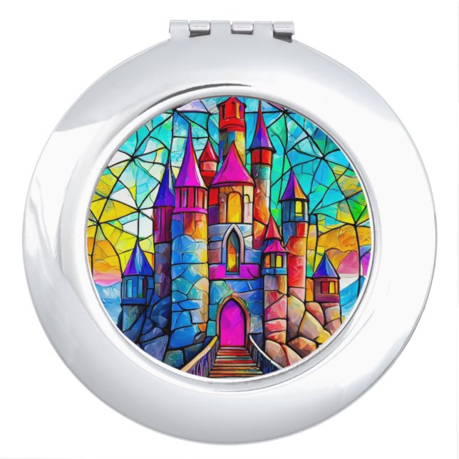 Pink and Blue Stained Glass Castle Compact Mirror (Front)