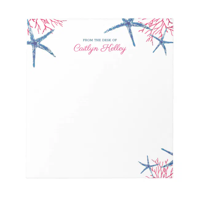 Pink and Blue Starfish & Coral Personalized Notepad | Zazzle