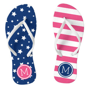 Pink and Blue Stars and Stripes Monogram Flip Flops